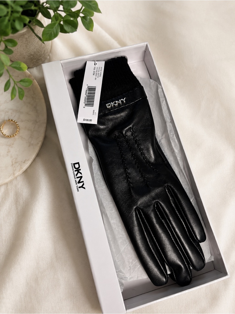 DKNY Black Leather Women’s Knit-Cuff Gloves